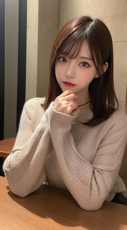 Tabletop, Highest quality, shape, Very detailed, In detail, High resolution, 8k wallpaper, Perfect dynamic composition, Beautiful attention to detail, Natural Lip, Knit dress , Random sexy poses, whole body, Moe sleeves,