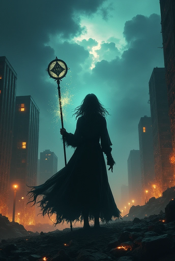 A book cover for 'O Crepúsculo da Civilização'. The cover features Valentina, a young mage, seen from behind or in silhouette, with her face and skin tone hidden. She is standing in a devastated, post-apocalyptic cityscape, with ruined buildings and a dark, ominous sky. The background combines elements of futuristic technology and ancient magic, with glowing runes and broken machinery scattered around. Valentina is holding a staff or magical artifact, with a faint aura of power surrounding her. The overall mood is intense, dark, and mysterious, hinting at the epic struggle and the clash of magic and technology. The title 'O Crepúsculo da Civilização' is prominently displayed at the top or center, with a strong, bold font that reflects the gravity of the story.