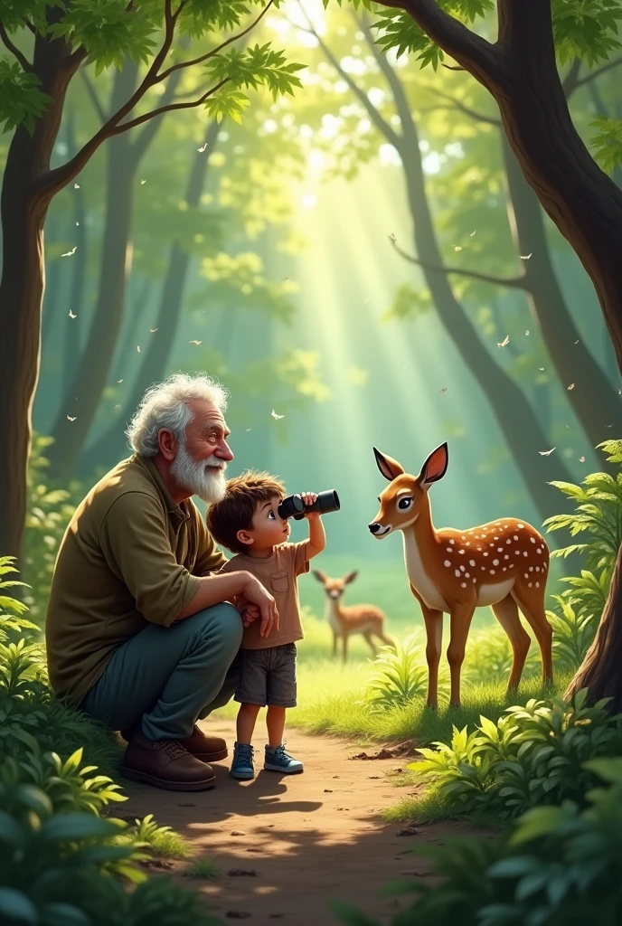 Un grand père et son petit fils sont en pleine forêt et regardent aux jumelles une biche et un faon qui sont loin