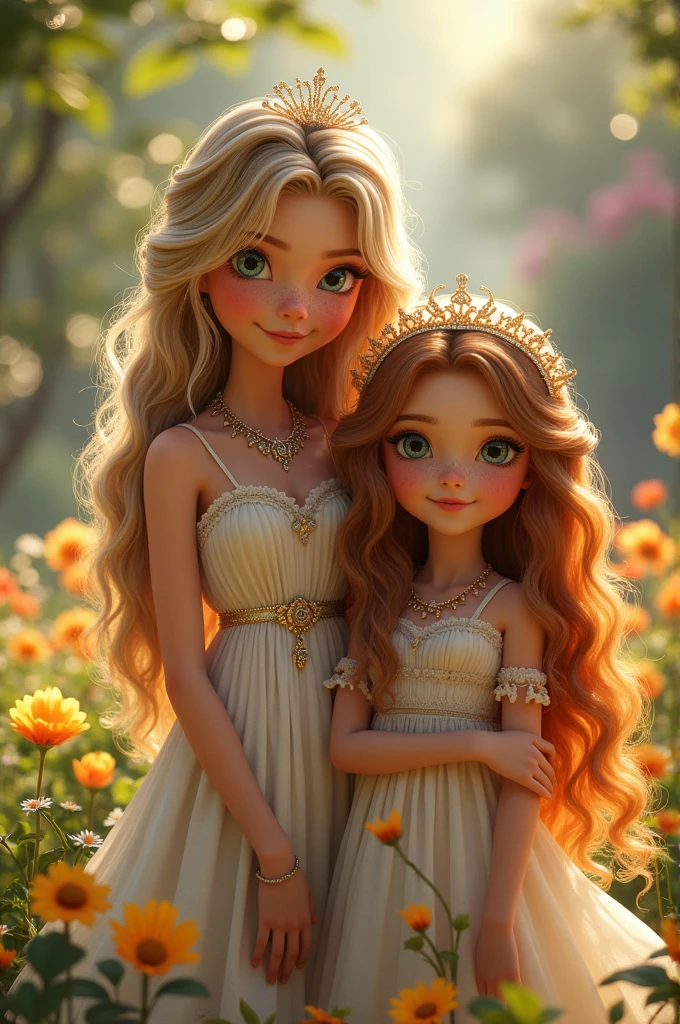 twogirls. One of them has blonde hair in the front, brown in the back with a necklace and a tiara, she is tall and white., The other one has large wavy, semi-straight caramel hair, she has a tiara, freckles, is white, and is short.