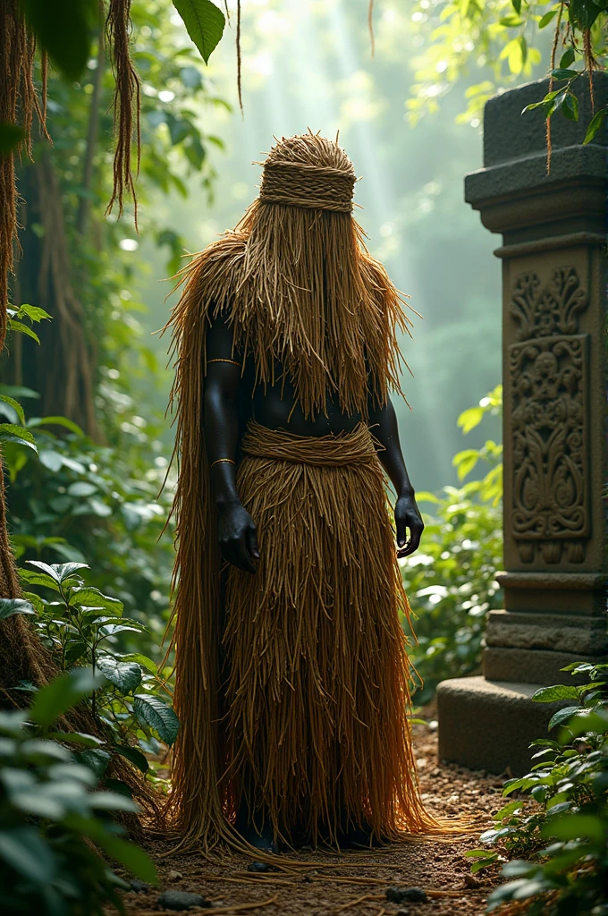 Black man covered in straw covering his face and entire body, he uses these straws to hide scars he has all over his body, His name is Obaluaiye and he is the king of an ancient empire that is located in what is now Nigeria. 