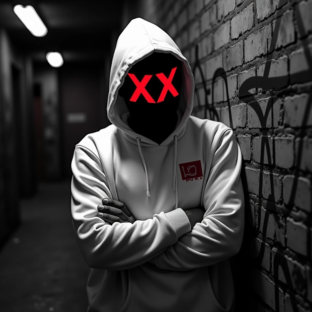 Image of a guy with crossed arms wearing a mask that says ZX in red covering his entire face and wearing a white hooded sweatshirt