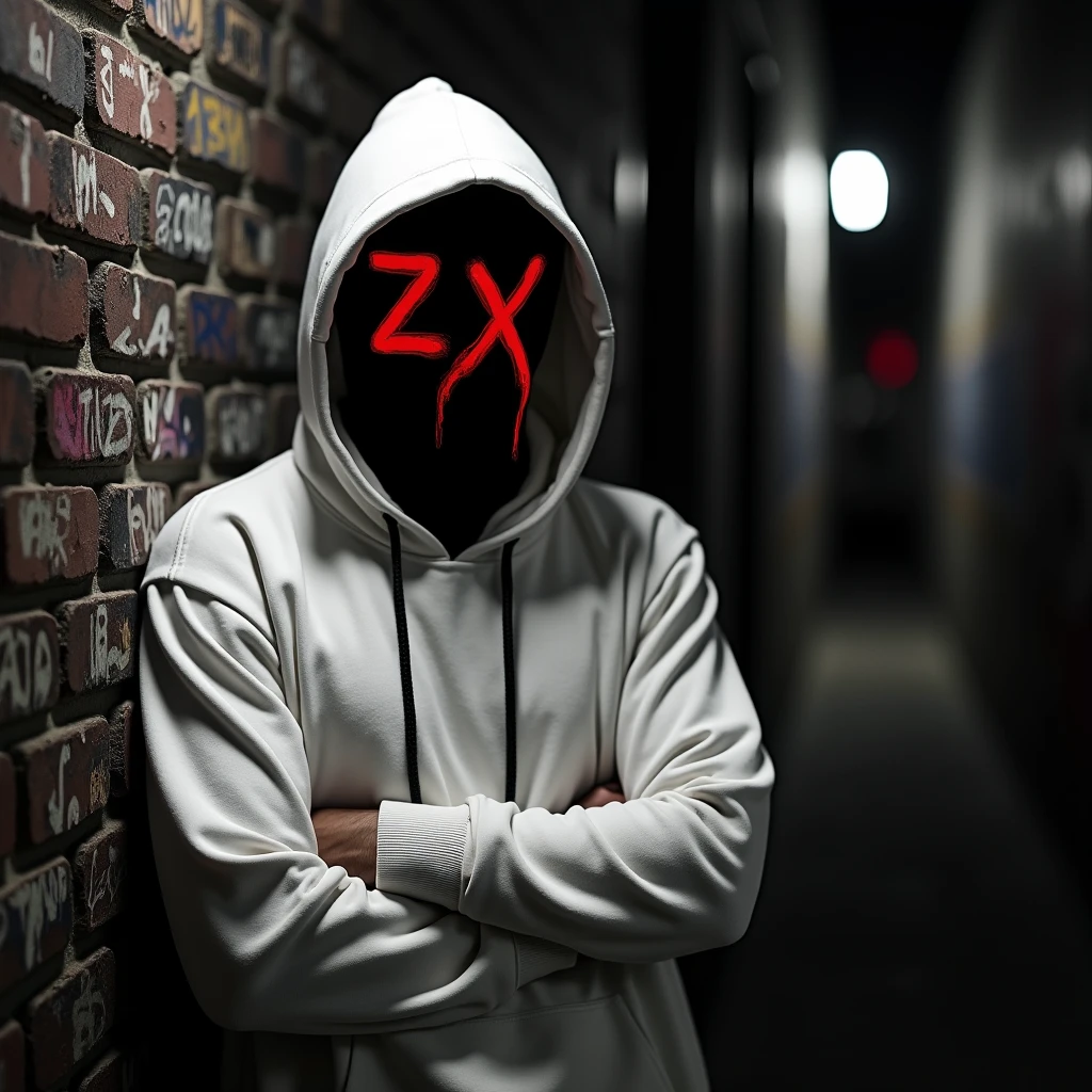 Image of a guy with crossed arms wearing a mask that says ZX in red covering his entire face and wearing a white hooded sweatshirt