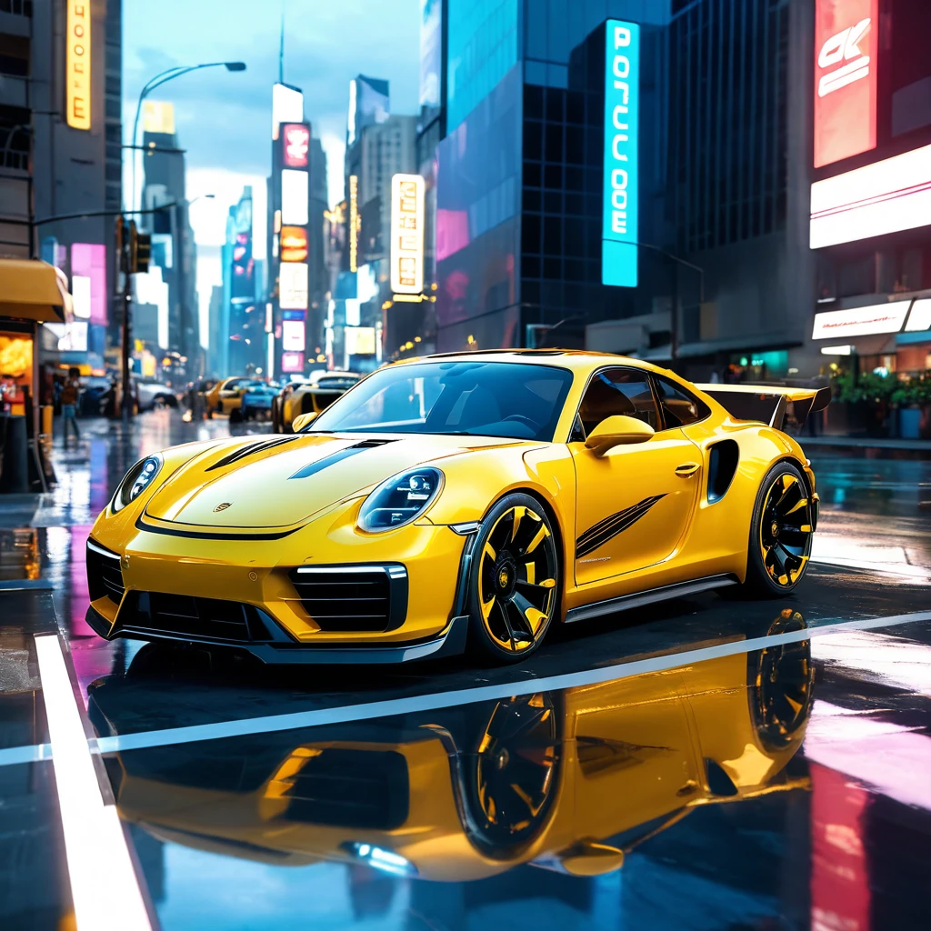 a yellow Porche car, Autobot Bumblebee, futuristic, cyberpunk, intricate details, highly detailed, cinematic lighting, 8k, photorealistic, concept art, dynamic pose, glossy finish, chrome accents, glowing neon highlights, advanced technology, floating holographic displays, urban cityscape background, striking visual impact, masterpiece