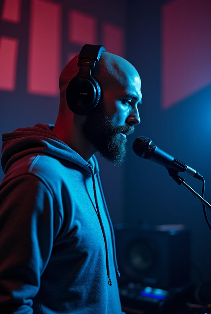 A music studio with very dim lighting and a man singing, The white man is bald and has a medium beard, but his face is not very visible because he is facing away from the camera and wearing a sports hoodie. He has headphones on and is singing into a microphone., dark room, The face can't be seen very well.