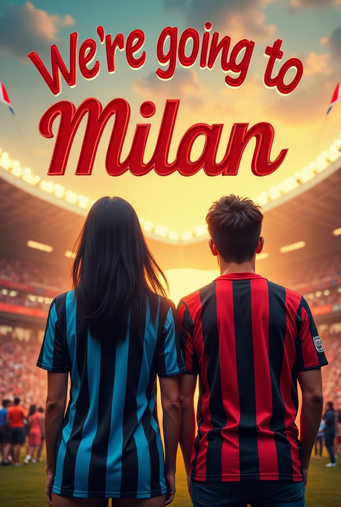 A San Siro postcard with a woman wearing an Inter Milan jersey, A man wearing an AC Milan jersey with the text “We're going to Milan”, both with their backs to us and with Chinese hair.