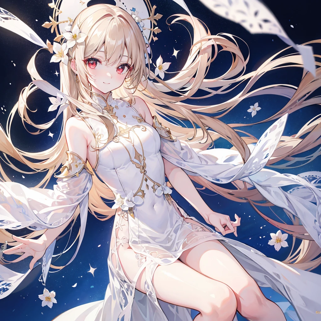 High resolution, One person, solo, Long Hair, Red eyes,Beige hair,
Highest quality, masterpiece, High-resolution model, Long Hair, Shiny Hair, Sparkling eyes, Lonely, smile, disposal、watercolor、Light color scheme、White dress、sit,Simple Background, Close-up, Part of the picture goes outside the frame, Lots of white space, watercolor画,White flower