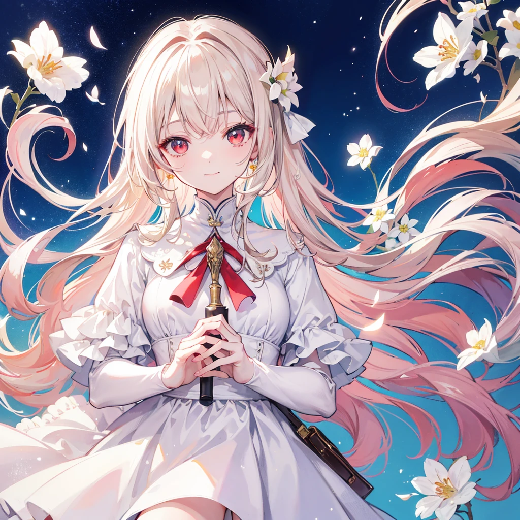 High resolution, One person, solo, Long Hair, Red eyes,Beige hair,
Highest quality, masterpiece, High-resolution model, Long Hair, Shiny Hair, Sparkling eyes, Lonely, smile, disposal、watercolor、Light color scheme、White dress、sit,Simple Background, Close-up, Part of the picture goes outside the frame, Lots of white space, watercolor画,White flower