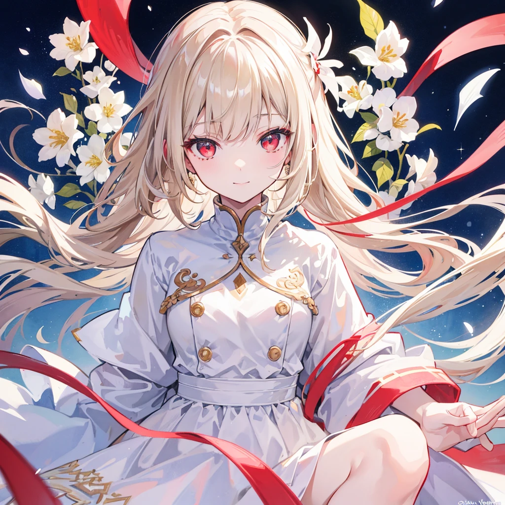 High resolution, One person, solo, Long Hair, Red eyes,Beige hair,
Highest quality, masterpiece, High-resolution model, Long Hair, Shiny Hair, Sparkling eyes, Lonely, smile, disposal、watercolor、Light color scheme、White dress、sit,Simple Background, Close-up, Part of the picture goes outside the frame, Lots of white space, watercolor画,White flower