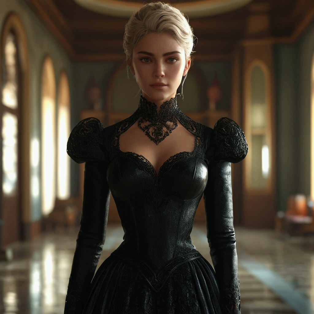 there is a woman in a black dress standing in a room, 3 d render character art 8 k, elegant cinematic fantasy art, fantasy style 8 k octane render, 8k portrait render, stuning fantasy 3 d render, 4k highly detailed digital art, cinematic 3d render, unreal engine render + a goddess, unreal engine character art, highly detailed vfx portrait of