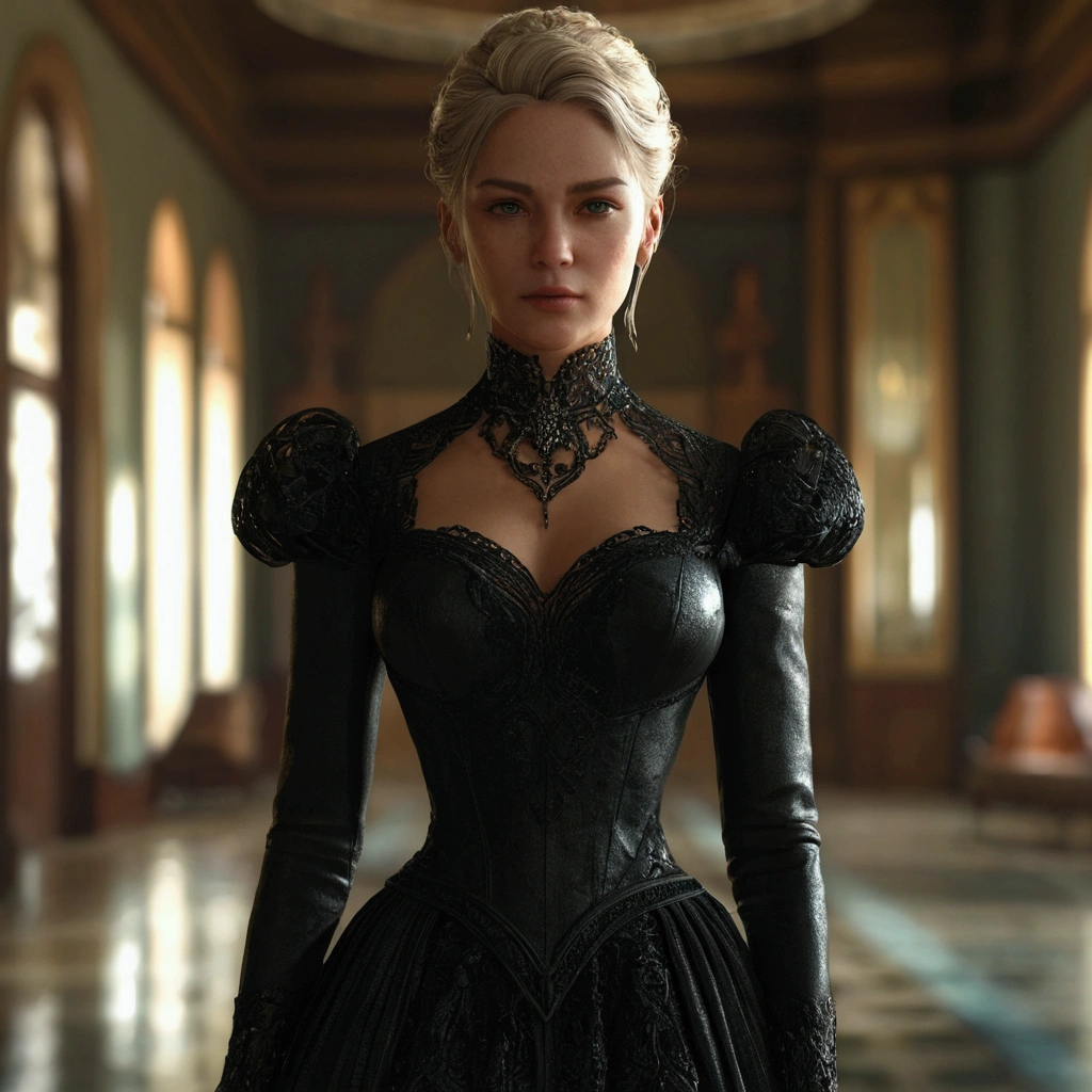 there is a woman in a black dress standing in a room, 3 d render character art 8 k, elegant cinematic fantasy art, fantasy style 8 k octane render, 8k portrait render, stuning fantasy 3 d render, 4k highly detailed digital art, cinematic 3d render, unreal engine render + a goddess, unreal engine character art, highly detailed vfx portrait of