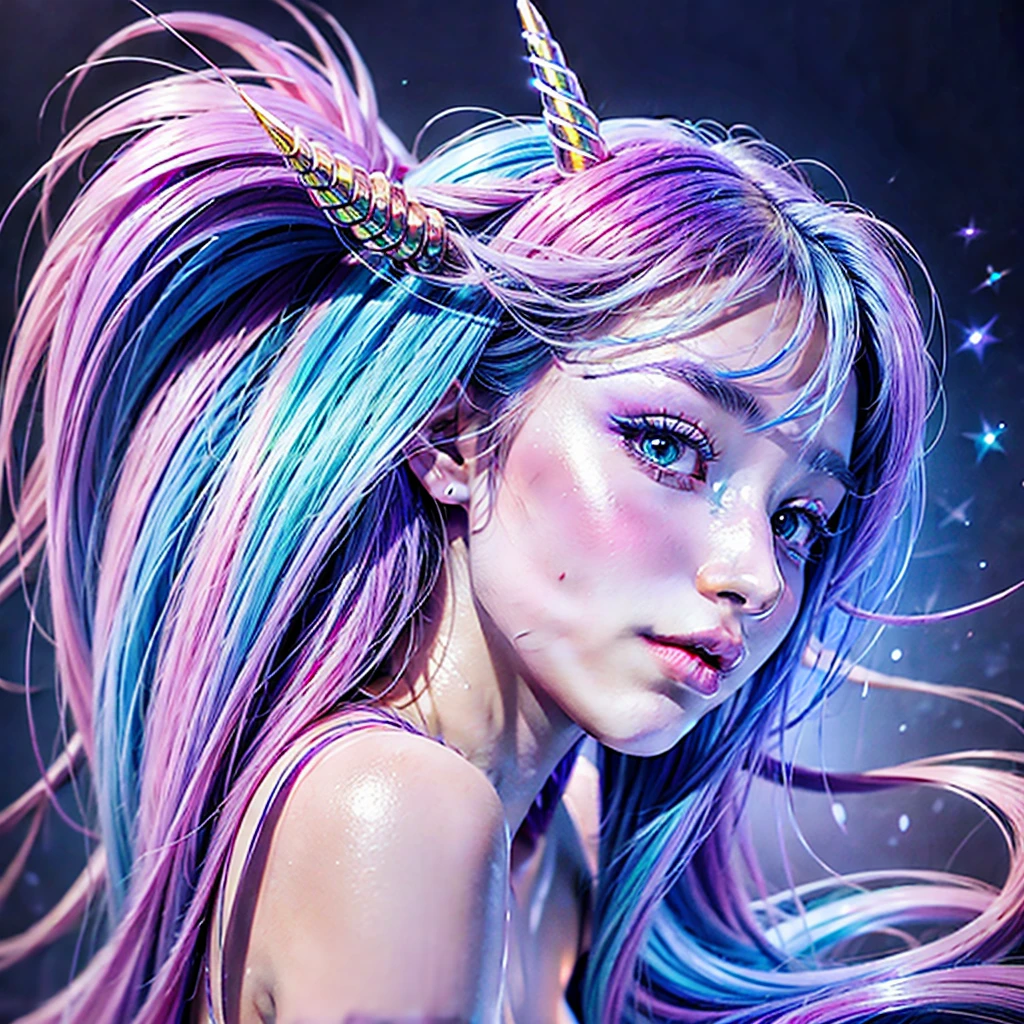 Unicorn drawing with blue, pink and lilac hair  