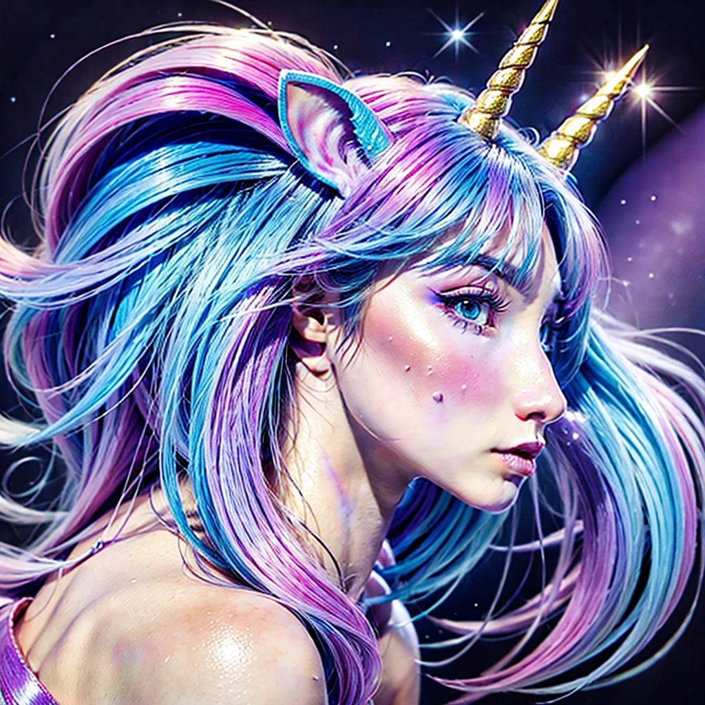 Unicorn drawing with blue, pink and lilac hair  