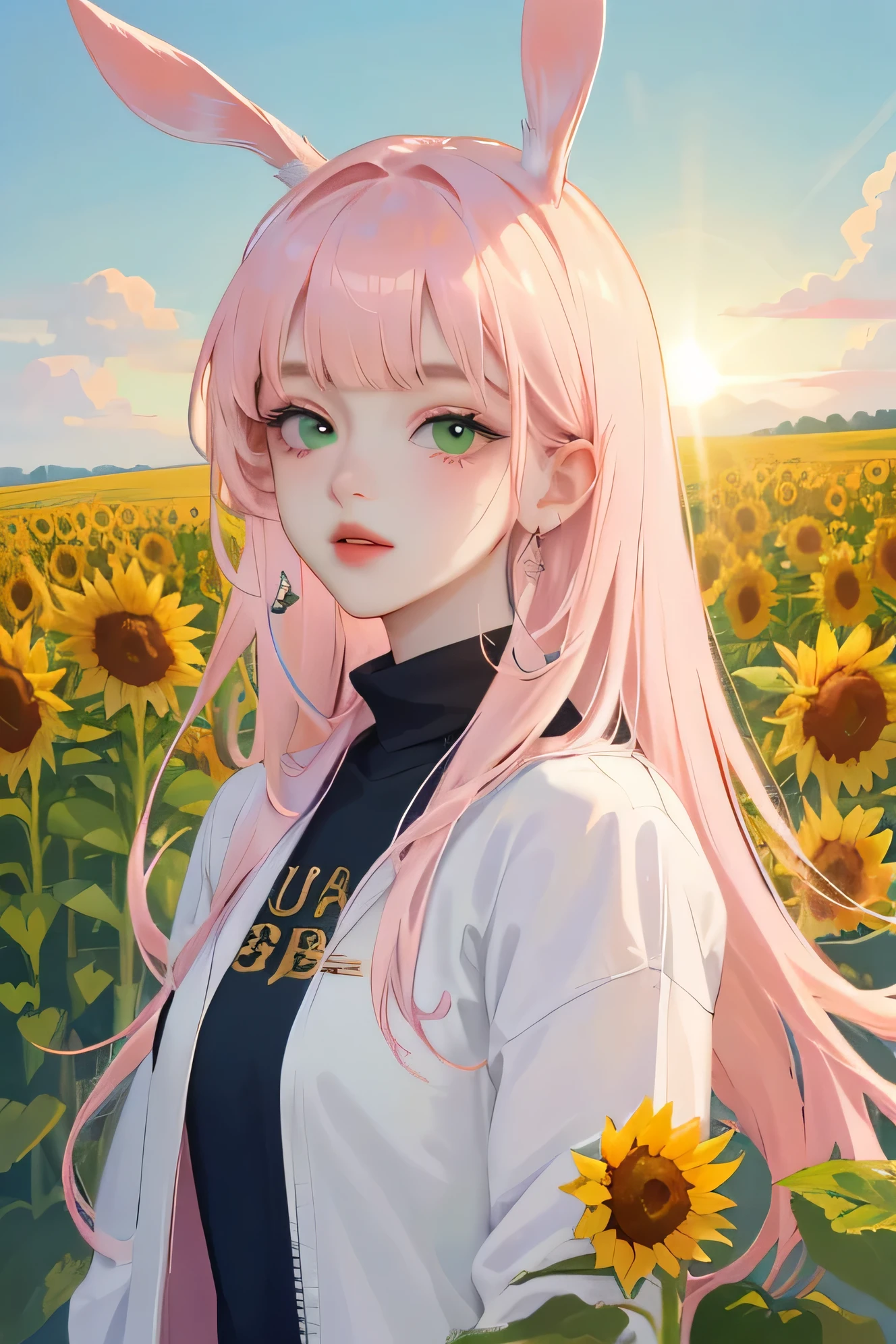 (high quality) (Best Quality) (Una women) (correct physiognomy) (perfect students) (Perfect eyes) women, human-rabbit hybrid, pink hair with bangs on the forehead, eyes with heterochromia, one green eye and the other golden, sensitive lips, feminine appearance, soft facial features, thin eyebrows, soft skin, rosy cheeks, pink lips, silky eyelashes, dreamy expression, Middle age, youth clothing, sweatshirt print, photo illuminated by sunlight,in a field of sunflowers