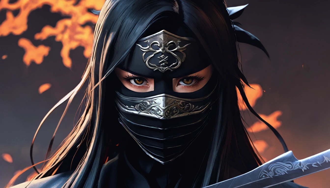 ninja , cape,close up, black heavy detailed clothes, single person, weapon, art, dark and malevolent, weapon, armor, powerful and intimidating, (masterpiece, best quality, ultra-detailed, best shadow), (detailed background, dark fantasy) , armor, high detailed background, girl in demon slayer art, demon slayer art style, epic anime art, God death