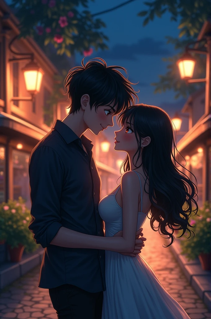 "Create a sexy, romantic anime-style image of a boy and a girl standing alone on a dimly lit street at night. The boy holds the girl close, with a seductive smile, while the girl looks at him with a confident, flirtatious expression. The street should have a soft, ambient glow from streetlights, enhancing the intimate and passionate mood. Capture the intensity of the moment, reflecting the line 'You must be tired, because you've been running through my dirty thoughts all night.'"