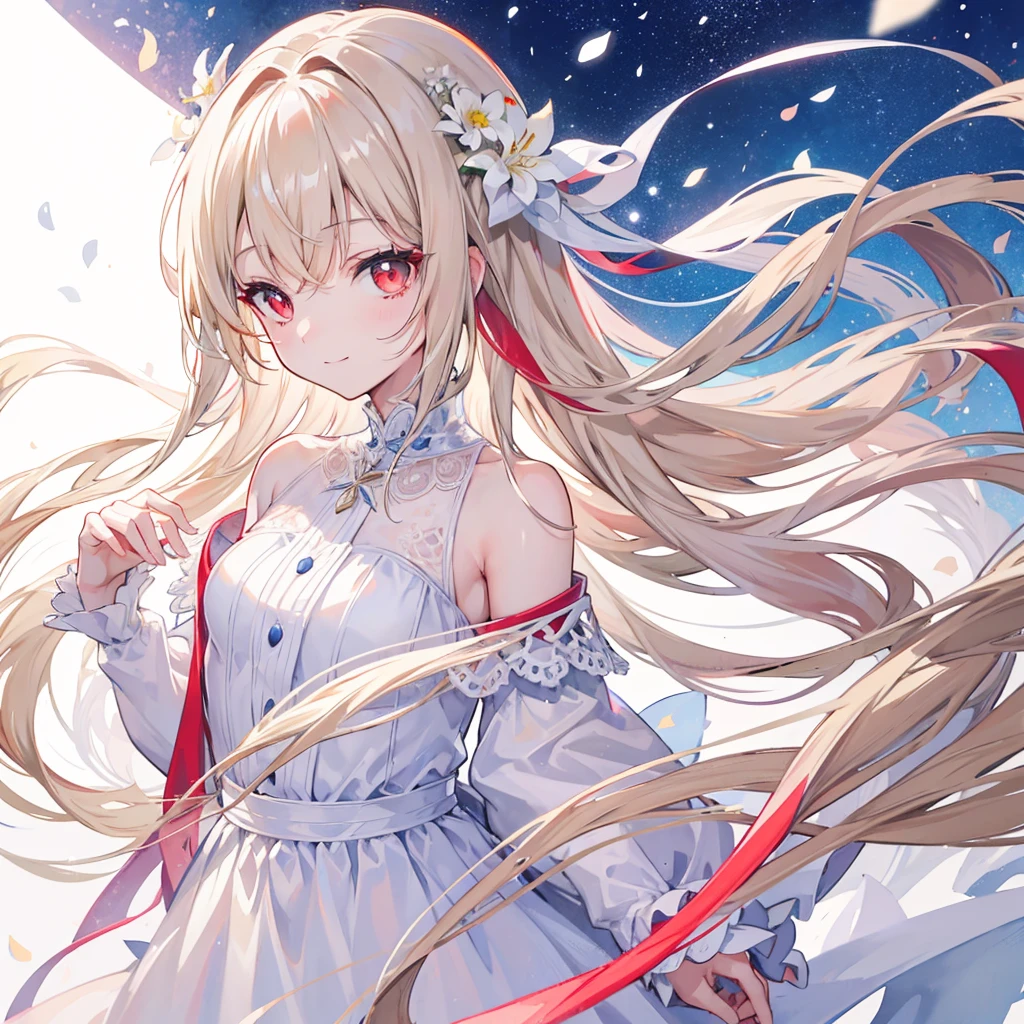 High resolution, One person, solo, Long Hair, Red eyes,Beige hair,
Highest quality, masterpiece, High-resolution model, Long Hair, Shiny Hair, Sparkling eyes, Lonely, smile, disposal、watercolor、Light color scheme、White dress、Simple Background, Close-up, Part of the picture goes outside the frame, Lots of white space, watercolor画,White flower
