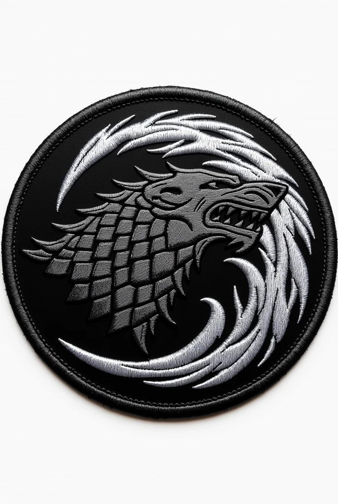 Make a circular patch of Aviation Squadron called Wolves of Helicopters MI 171, with the Sigil of House Stark, give it sleek modern look, Sigil and Helicopter should be prominent, picture of patch only no background