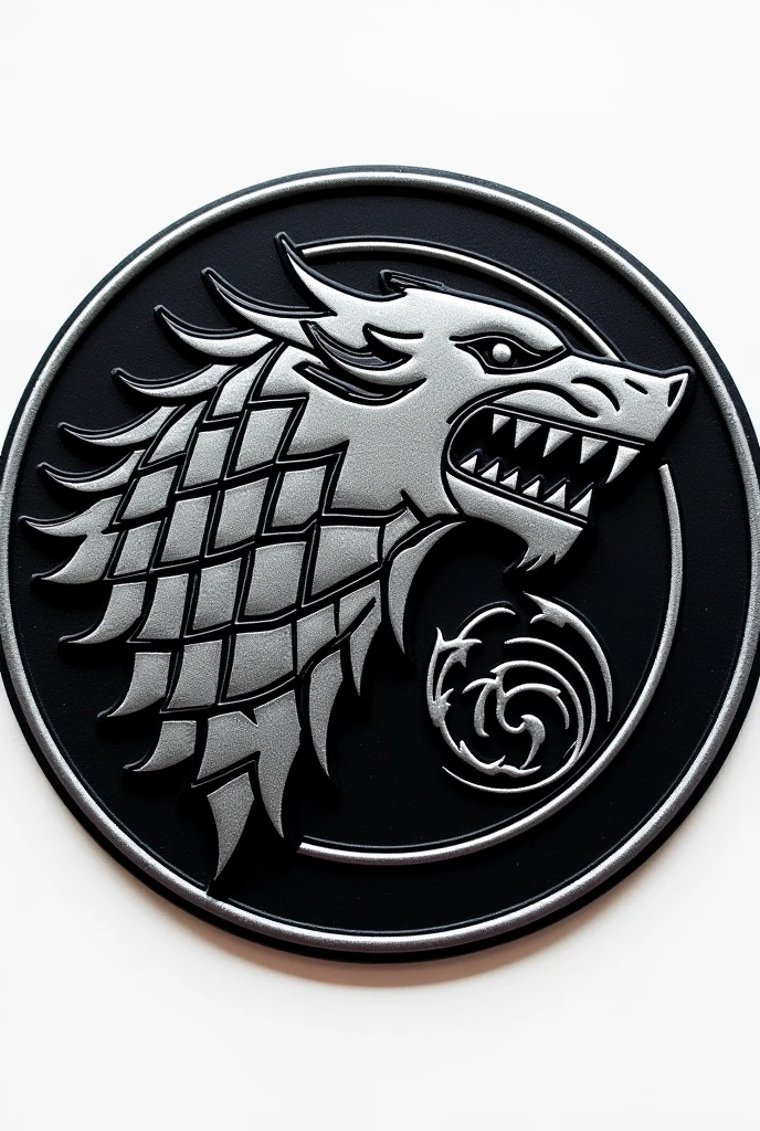 Make a circular patch of Aviation Squadron called Wolves of Helicopters MI 171, with the Sigil of House Stark, give it sleek modern look, Sigil and Helicopter should be prominent, picture of patch only no background