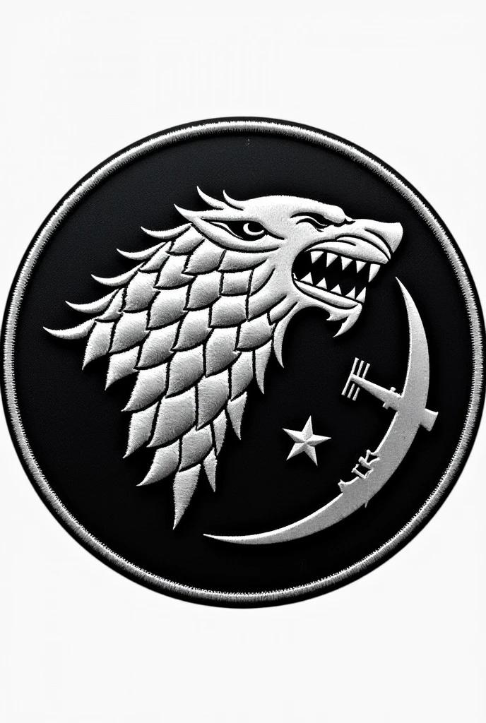 Make a circular patch of Aviation Squadron called Wolves of Helicopters MI 171, with the Sigil of House Stark, give it sleek modern look, Sigil and Helicopter should be prominent, picture of patch only no background 