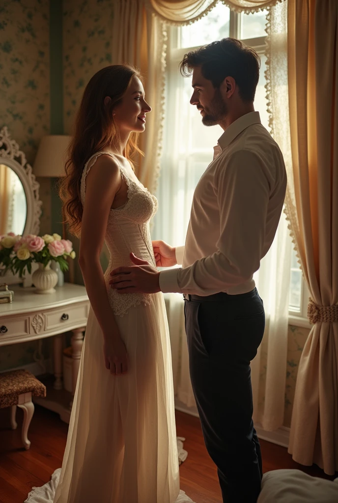 Man adjusting and pulling on the corset strings of his wife
