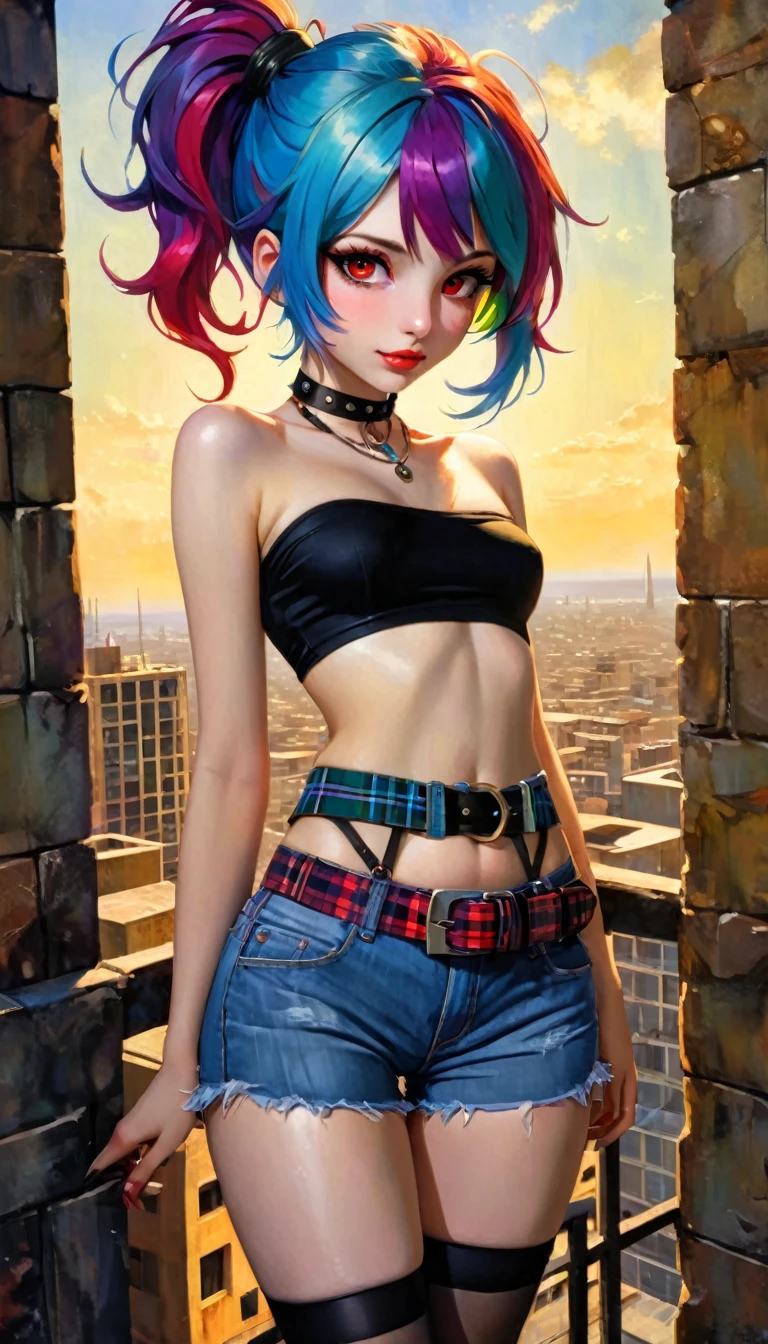 a girl in a sexy outfit with brightly colored hair and colorful eyes standing on the ledge of a building, 1 girl, alone, navel, shorts, looking at viewer, plaid miniskirt, belt, stockings, smile, breasts, choker, thighs, bare shoulders, crop top, stomach, ponytail, abdomen, collarbone, jewelry, shirt, small breasts, cowboy photo, black choker, red eyes, closed mouth,, beautiful, amazing and detailed eyes, (detailed skin) eroticism, sexy,  { {{,{pussy,spread her Pussy,cum,cum on Pussy,masterbation,straddling,},{{{back,doggystyle,penis,1boy}}} (best quality, 4k, 8k, high resolution, masterpiece: 1.2), ultra-detailed, (realistic, photorealistic, photorealistic: 1.37), details intricate, vivid colors, sharp focus, professional, Dave McKean artwork, surrealism oil touch, oil painting style, portrait, woman, beautiful detailed eyes, beautiful detailed lips, dreamy atmosphere, shadow play, lighting soft, fun pose, dark tones, ethereal background, fantasy elements, texture, layered composition.
