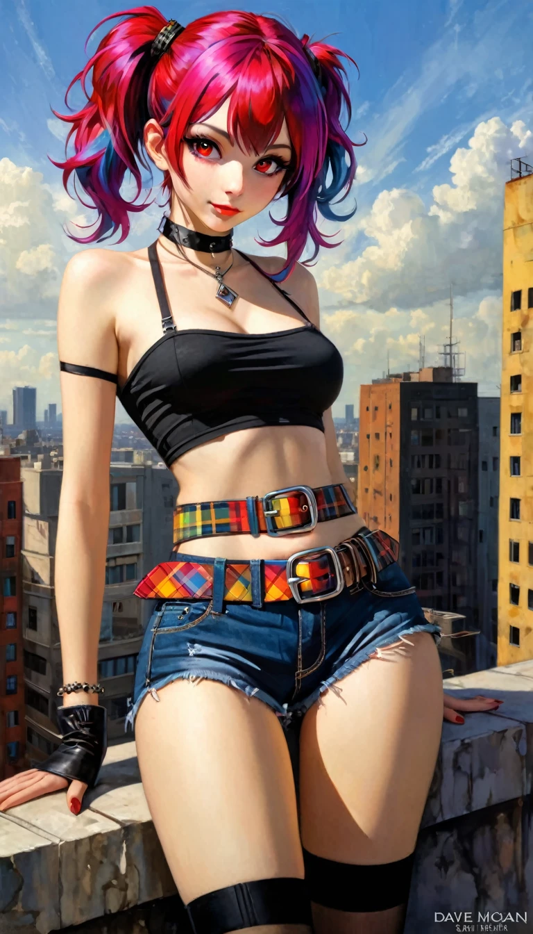 a girl in a sexy outfit with brightly colored hair and colorful eyes standing on the ledge of a building, 1 girl, alone, navel, shorts, looking at viewer, plaid miniskirt, belt, stockings, smile, breasts, choker, thighs, bare shoulders, crop top, stomach, ponytail, abdomen, collarbone, jewelry, shirt, small breasts, cowboy photo, black choker, red eyes, closed mouth,, beautiful, amazing and detailed eyes, (detailed skin) eroticism, sexy,  { {{,{pussy,spread her Pussy,cum,cum on Pussy,masterbation,straddling,},{{{back,doggystyle,penis,1boy}}} (best quality, 4k, 8k, high resolution, masterpiece: 1.2), ultra-detailed, (realistic, photorealistic, photorealistic: 1.37), details intricate, vivid colors, sharp focus, professional, Dave McKean artwork, surrealism oil touch, oil painting style, portrait, woman, beautiful detailed eyes, beautiful detailed lips, dreamy atmosphere, shadow play, lighting soft, fun pose, dark tones, ethereal background, fantasy elements, texture, layered composition.
