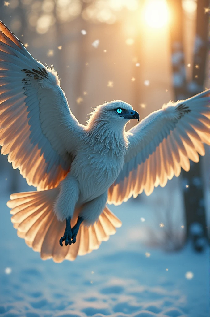 ( photorealistic) ( details) flying harpy with beautiful girl face, blue eyes, full body, golden hour, winter