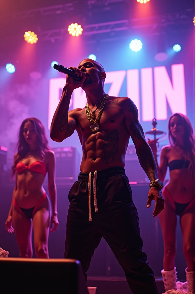 A 19 year old man,singing on a stage,with a screen saying RKZIIN,gold chains,wearing no shirt,baldie,tattoos on the body and head,two half naked women,bottles of gin and whiskey,hookah,and cigarette and money