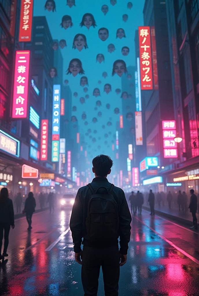 How many different faces around me, But I kept. How many cities, Roads, I gave you love. Like madness, Love drove me crazy. I'm returning myself and everything forever - for now! 8k, Ultrarealism, super realism, super detail, retrowave, cyberpunk, brunette man in the center