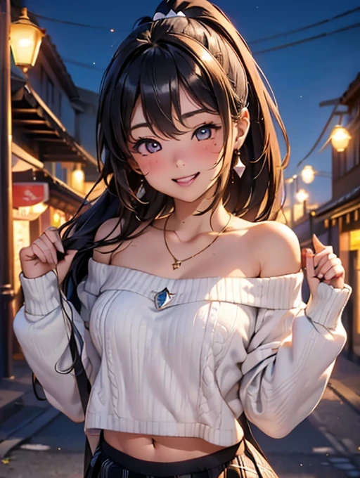 Browsing Caution,(Highest quality, 8k, masterpiece:1.3,beautiful girl), (Very detailed)Glowing Skin,(((Long Hair,ponytail,Blue Ribbon,Beautiful Hair))),(Perfect Anatomy, Anatomically cまたはrect, Very detailed肌),((Golden Eyes,Droopy eyes,Narrow eyes)),((Perfect Fingers,Five Fingers)), Mole under the eye,Double teeth,Big Breasts,Big Ass,high school girl,Very smiling,Smile and close your eyes,((Off-shoulder white sweater:1.2,Black and white plaid mini skirt:1.3,Pink Panties)),walk,Port town,Beautiful night view,((Shiny Earrings,small diamond necklace)),Place your arms behind your head,Wink、Throw kiss,(((Natural Makeup)))