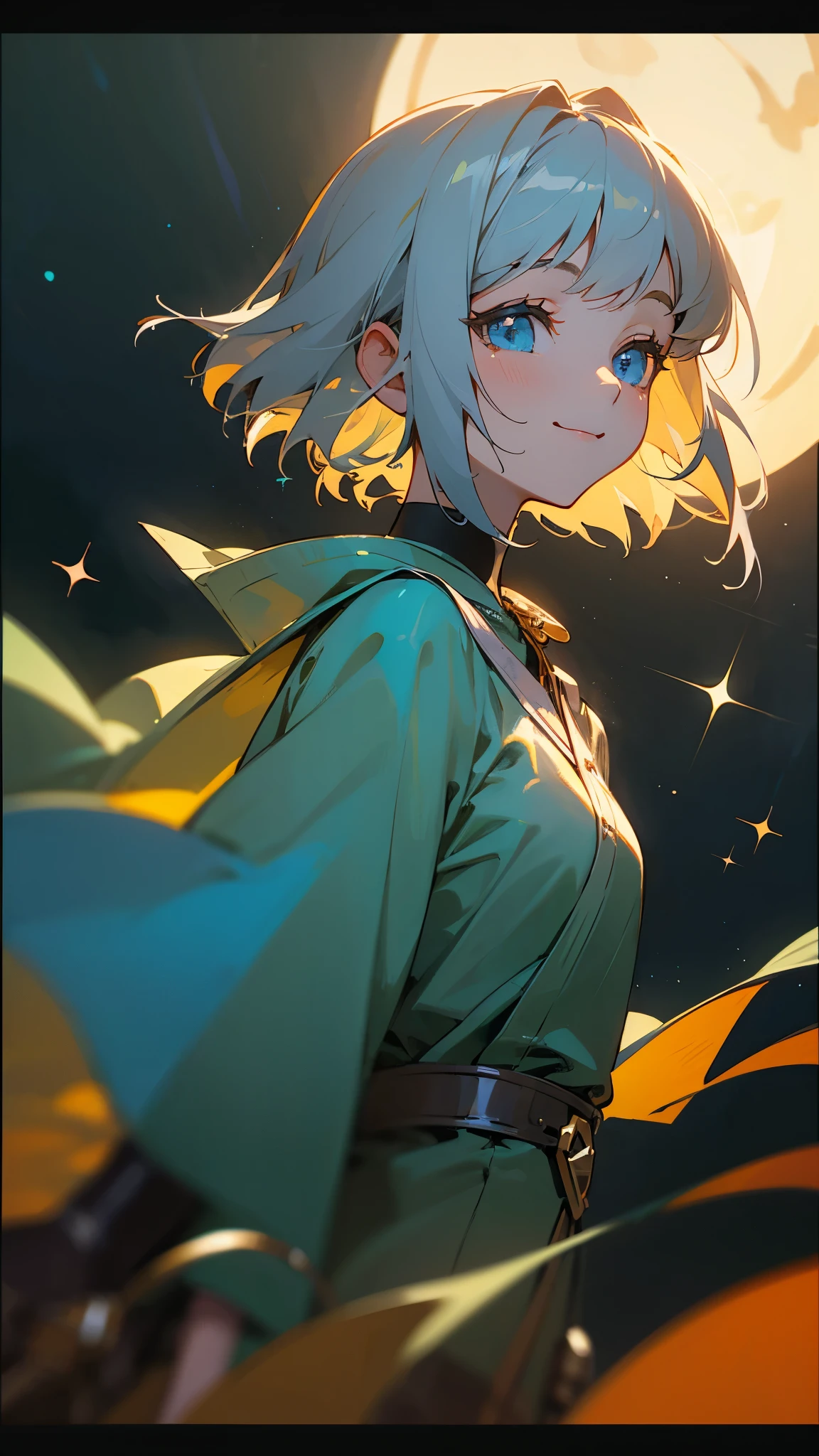 1 Girl、solo、Anime style painting、Upper body close-up、smile、From the side, impression, (Oil), Green and orange tones、Silver Hair, (Sparkling Blue Eyes)、Delicate contours、Park under the moonlight、Background Blur, The depth of the drawn border
