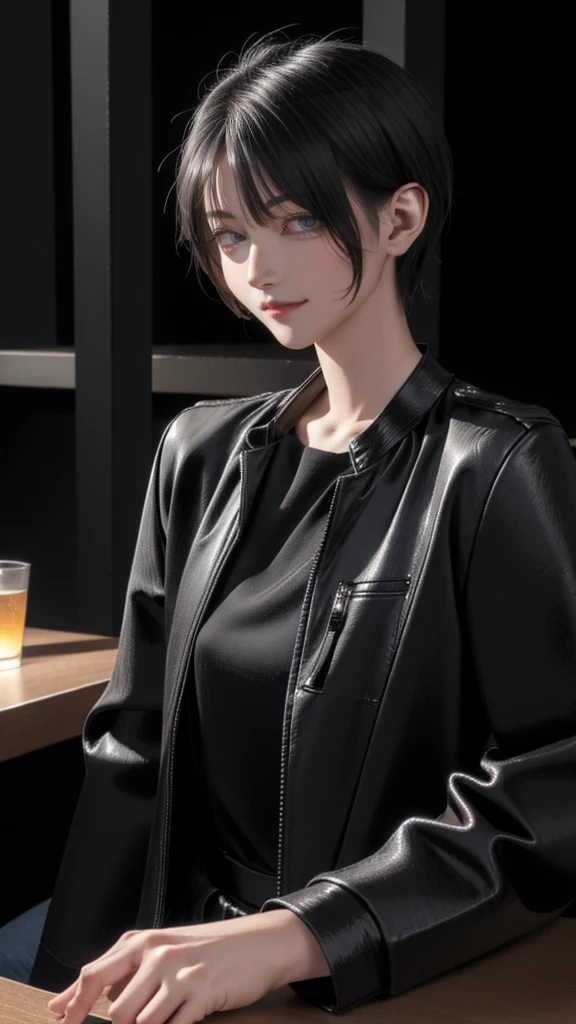 portrait photo of elexissinclaire wearing esjacket at a nightclub sitting at bar, wicked smile, (masterpiece) (best quality) (detailed) (8k) (HDR) (wallpaper) (cinematic lighting) (sharp focus) (intricate)