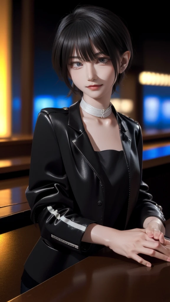 portrait photo of elexissinclaire wearing esjacket at a nightclub sitting at bar, wicked smile, (masterpiece) (best quality) (detailed) (8k) (HDR) (wallpaper) (cinematic lighting) (sharp focus) (intricate)