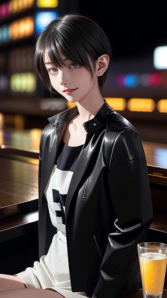 portrait photo of elexissinclaire wearing esjacket at a nightclub sitting at bar, wicked smile, (masterpiece) (best quality) (detailed) (8k) (HDR) (wallpaper) (cinematic lighting) (sharp focus) (intricate)