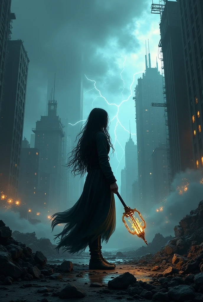 A book cover The cover features Valentina, a young mage, seen from behind with long, black hair. Her face and skin tone are hidden. She is standing in a devastated, post-apocalyptic cityscape, with ruined buildings and a dark, ominous sky. The background combines elements of futuristic technology and ancient magic, with glowing runes and broken machinery scattered around. Valentina is holding a staff or magical artifact, with a faint aura of power surrounding her. The overall mood is intense, dark, and mysterious, hinting at the epic struggle and the clash of magic and technology.