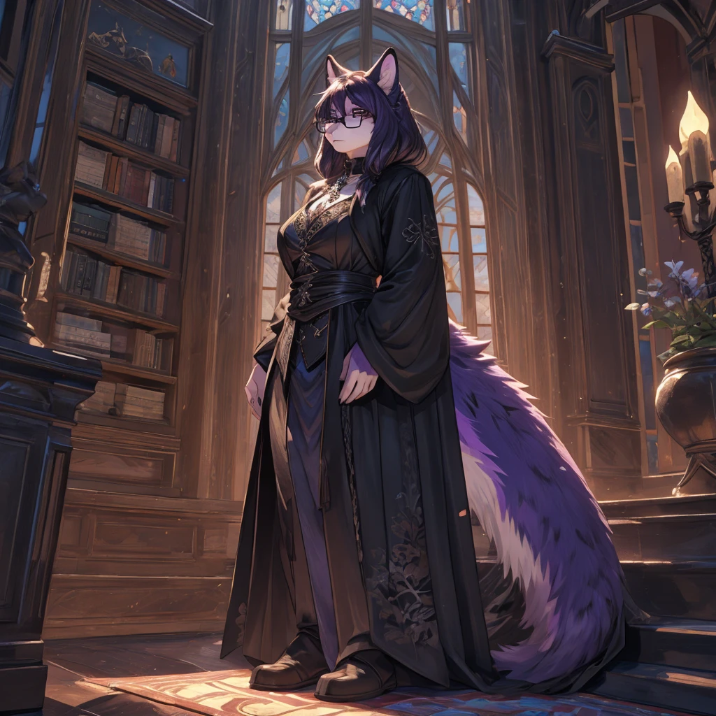 Masterpiece, High quality, High quality of art, best quality, best details, ultra quality, anime artstyle, 2d lineart, furry, girl, solo, tall , black and purple fur, Black fur on the chest and belly, Gothic clothes, big thighs, Tattoo on the chest, glasses, black gothic clothes, disgruntled look, black face fur, Curvaceous figure, Librarian, purple fur, paws, Open parts of the body: abdomen, arms, Dark Wood Library, 
