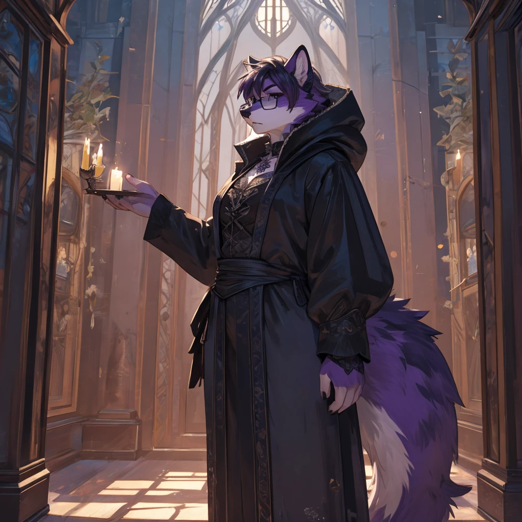 Masterpiece, High quality, High quality of art, best quality, best details, ultra quality, anime artstyle, 2d lineart, furry, girl, solo, tall , black and purple fur, Black fur on the chest and belly, Gothic clothes, big thighs, Tattoo on the chest, glasses, black gothic clothes, disgruntled look, black face fur, Curvaceous figure, Librarian, purple fur, paws, Open parts of the body: abdomen, arms, Dark Wood Library,