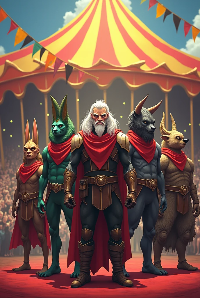A circus troupe in the medieval era, several breeds of storm RPG (T20): a male elf, a female hyena, a male kliren, a golem, a female medusa, a male minotaur, all side by side and in the center a white-haired male qareen. Everyone wearing a red scarf or kerchief around their neck. anime style image/mango