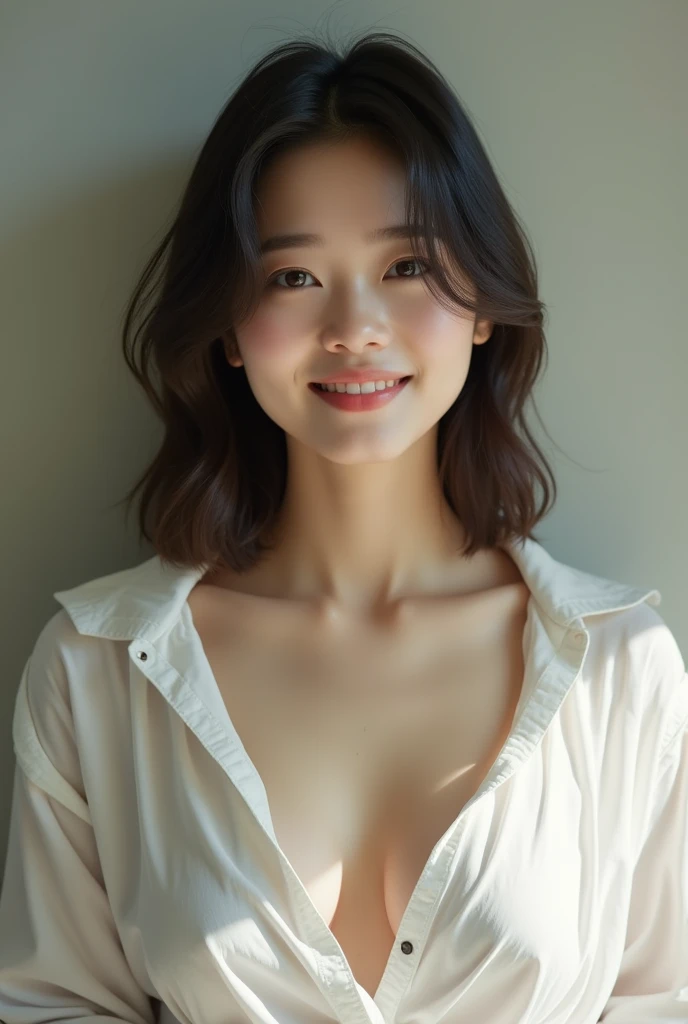 A very cute face like an idol, Looks like a young face, 20-year-old female, Gentle and cute, A kind smile, A white blouse with a slightly sheer look, (whole body像), Cleavage, Crowded bars, Cinema Lighting, Natural light, whole body, RAW Photos, Genuine, artistic, (High level of artistry), High quality that is indistinguishable from the real thing, realism, Real Stick, High resolution, masterpiece