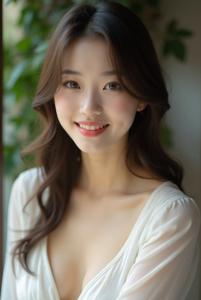 A very cute face like an idol, Looks like a young face, 20-year-old female, Gentle and cute, A kind smile, A white blouse with a slightly sheer look, (whole body像), Cleavage, Crowded bars, Cinema Lighting, Natural light, whole body, RAW Photos, Genuine, artistic, (High level of artistry), High quality that is indistinguishable from the real thing, realism, Real Stick, High resolution, masterpiece