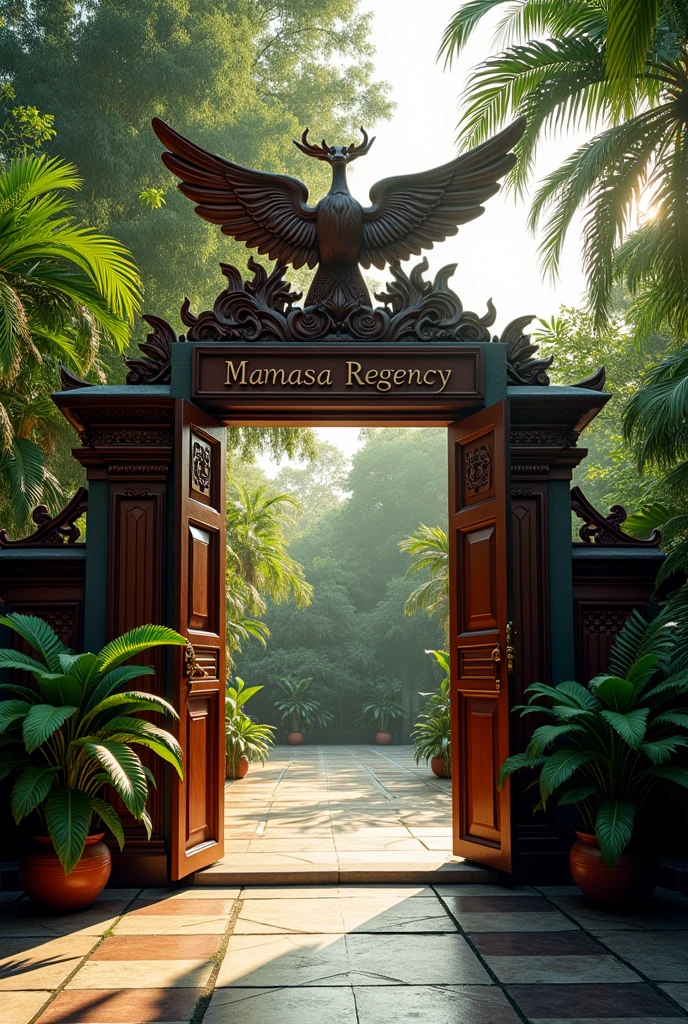A doorway with a large Garuda Indonesia bird above it. And below the door it says the name of Mamasa Regency.