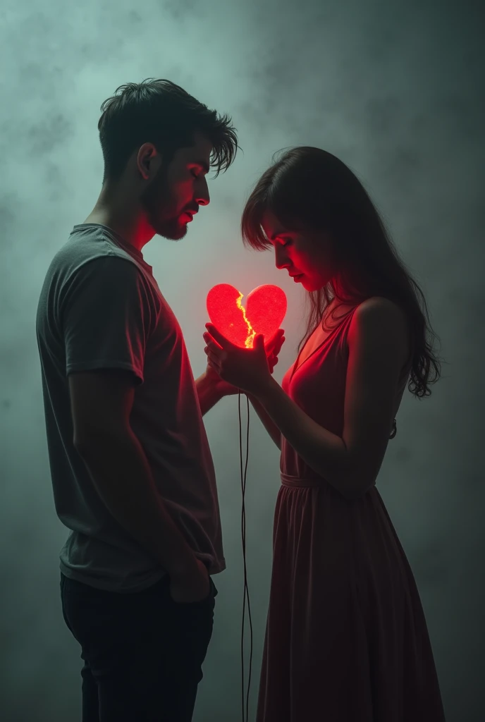 Create two images in one photo: of a man being manipulated by a woman with his red heart and very sad due to emotional abuse and of a woman manipulated by a man due to emotional abuse with her broken and red heart. Both images don't have to show wanting to take off the blindfold. They can be facing away from each other or facing each other but not together. It&#39;s a single image. Don't be afraid, but they show the sadness and suffering of being deceived. No dark images. You notice the manipulation a lot. Playing with the other person. They are both each other's puppets