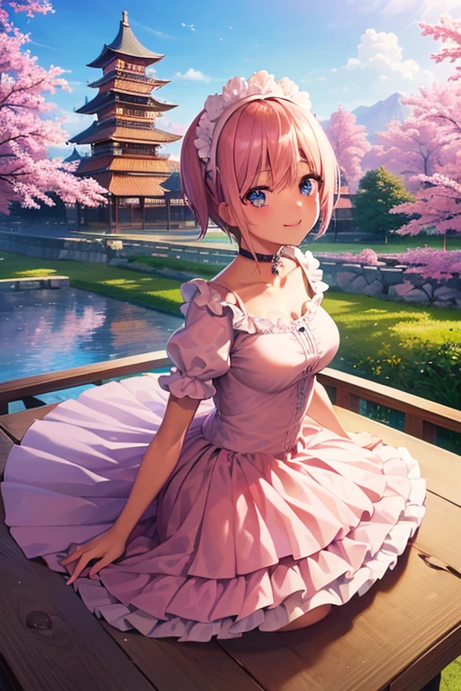 (Highest quality, 4K, 8k, High resolution, masterpiece:1.2), Very detailed, Picturesque, Anime style photo, Photo Anime:1.37)、Japanese、(Pink pixie cut)、smile、Black choker、gothic lolita、whole body、Nakano Ichika