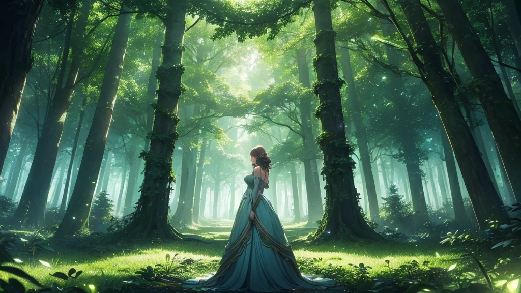 A magical forest background filled with towering trees and glowing lights that create an enchanting and mysterious atmosphere. The trees are lush and verdant, with their branches intertwined to form a canopy overhead. Soft, ethereal lights illuminate the forest floor, casting a warm and mystical glow. The scene exudes a sense of wonder and otherworldly beauty, perfect for a fantastical setting