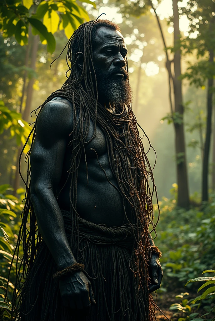 Black man covered in straw covering his face and entire body, he uses these straws to hide scars he has all over his body, His name is Obaluaiye and he is the king of an ancient empire that is located in what is now Nigeria.