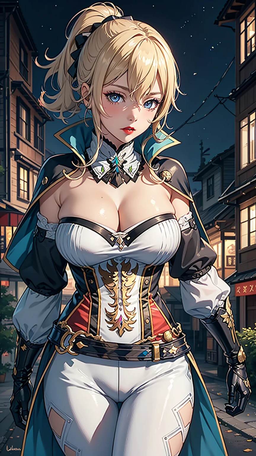 Masterpiece, ultra detail, high quality, 8k cg, jeanfavonian, blush, bright eyes, detail face, dynamic poses,night city view background, looking at viewer, huge breast, super detailed, red lip, make up, slim body, narrow waist
