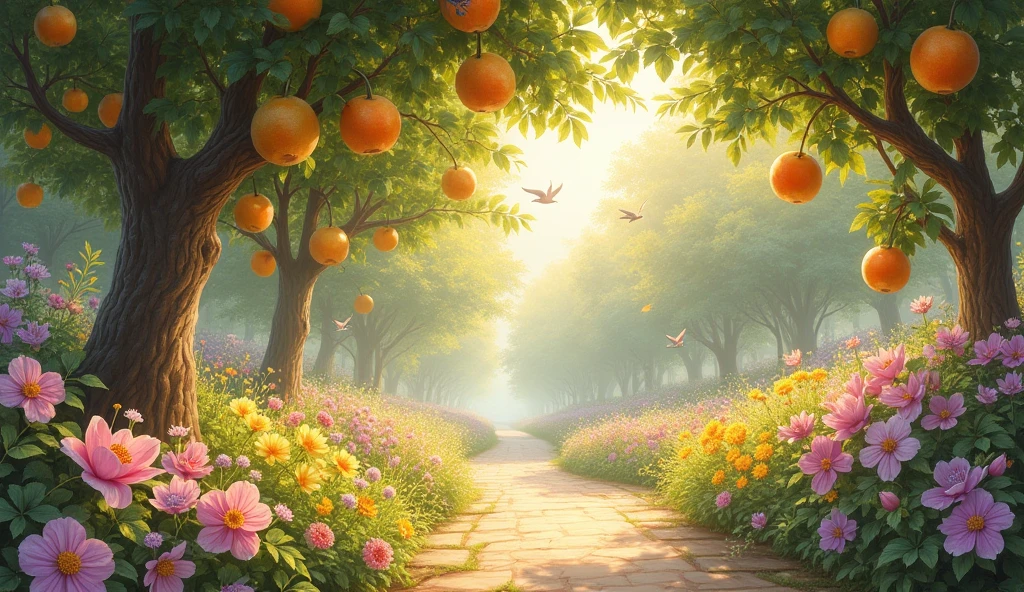 A vision of the Garden of Eden, full of fruit trees, flowers and a serene environment. pastel colours, soft and relaxing. Classical painting style, transmitting peace and beauty.
