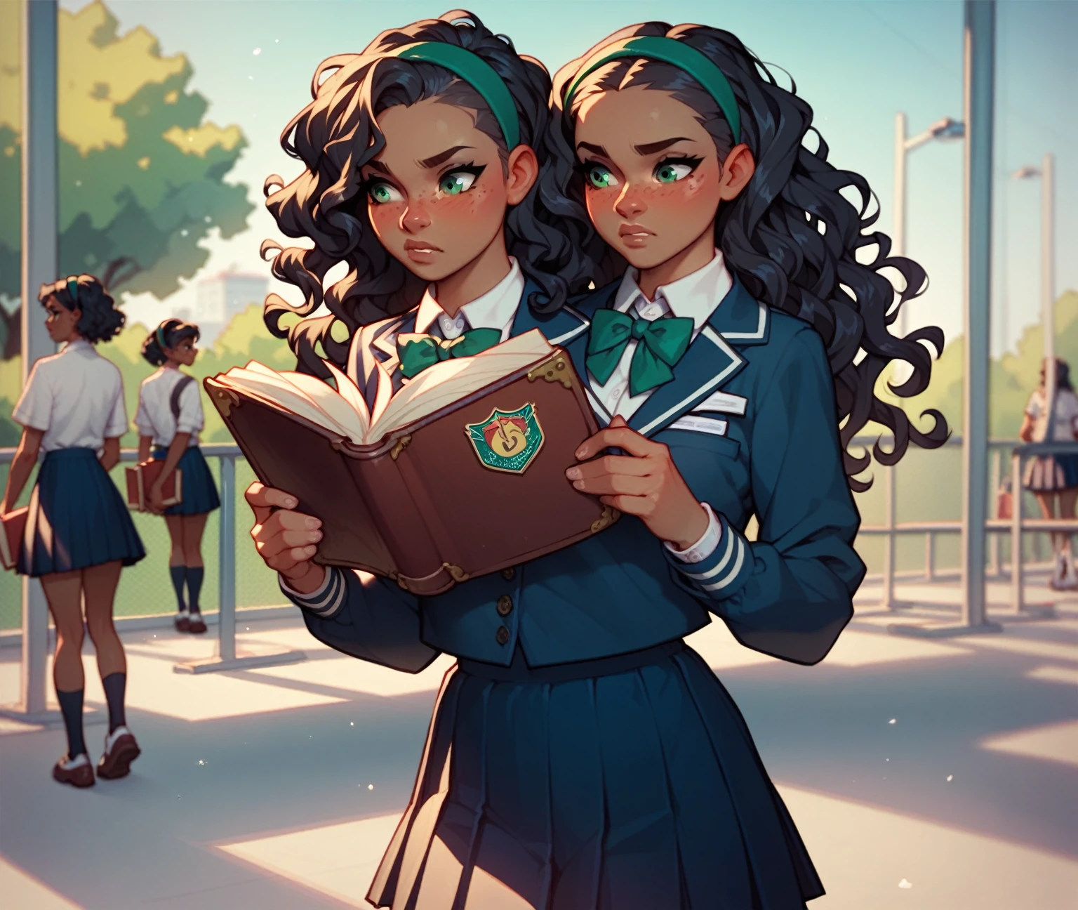 (Female), (Dark Tan Skin), black hair, (long wavy hair), green eyes, faint blush and freckles, curious expression, (school uniform outfit)), ((hair styled down with hairband), standing on campus, holding books, campus setting.
