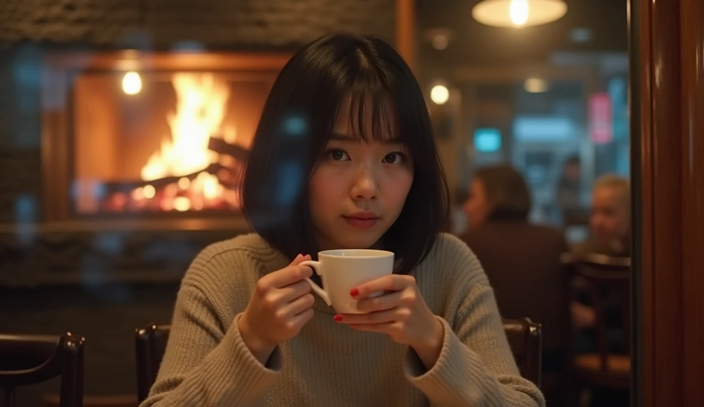 ((photograph), (Realistic), born, Extreme Detail, Cozy cafe scene with fireplace。, Dim lighting. Short young woman, Round face,Short Bob,A woman with black hair sits at the table with a calm expression.。, Holding a hot drink in both hands。. It was taken through a window pane、Reflection is visible。, dream-like, The cafe's interior and the faint light reflections are expressed using double exposure.。. The atmosphere is intimate, friendly and quiet。, The focus is on a calm moment as the woman slowly sips her drink.。,